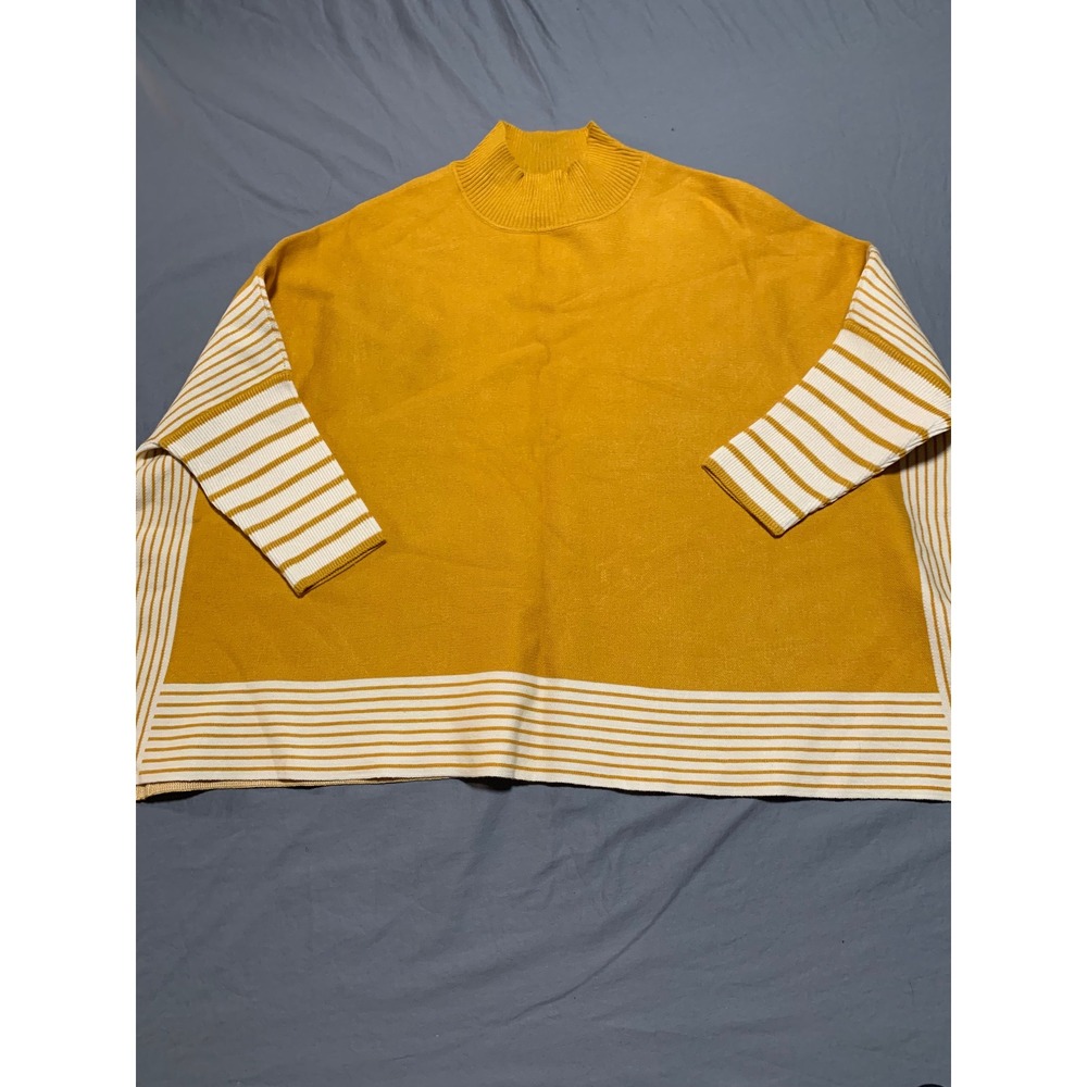 Main Strip Mustard Yellow Striped Mock Neck Poncho Sweater Womens S/M LJ60520